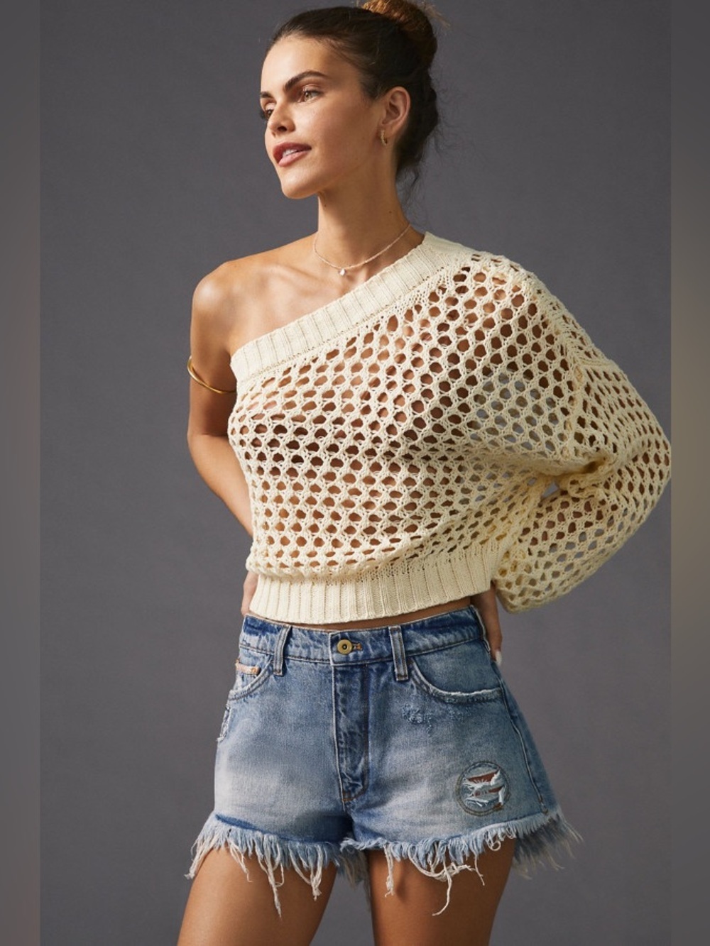 Anthropologie Maeve One-Shoulder Crochet Layer Sweater Ivory One Size coastal